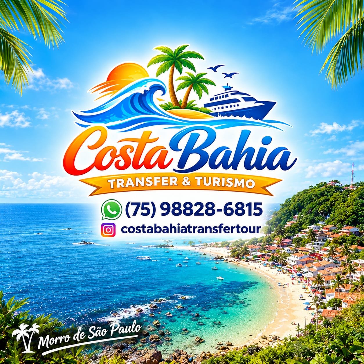 Arte Costa Bahia com praia e identidade da empresa